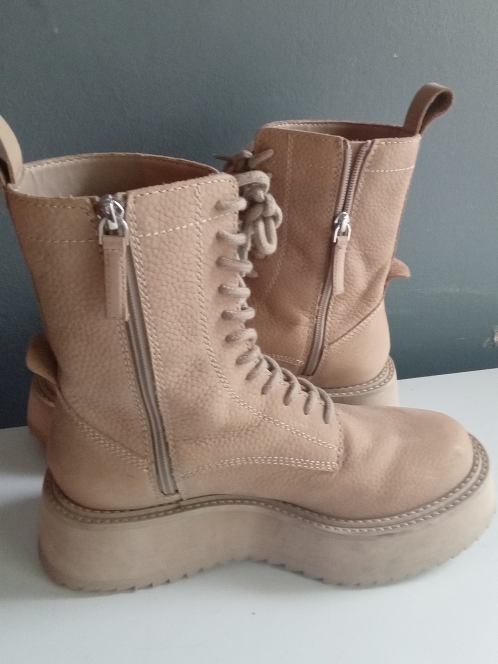 Beige Pebbled Leather Platform Combat Boots Lace Up Side Zip Lug Sole Tan - Picture 3 of 8
